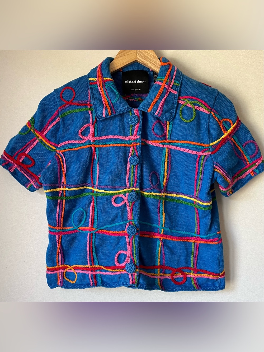Vintage Michael Simon Multicolor Abstract Blue Short Sleeve Cardigan Sweater M